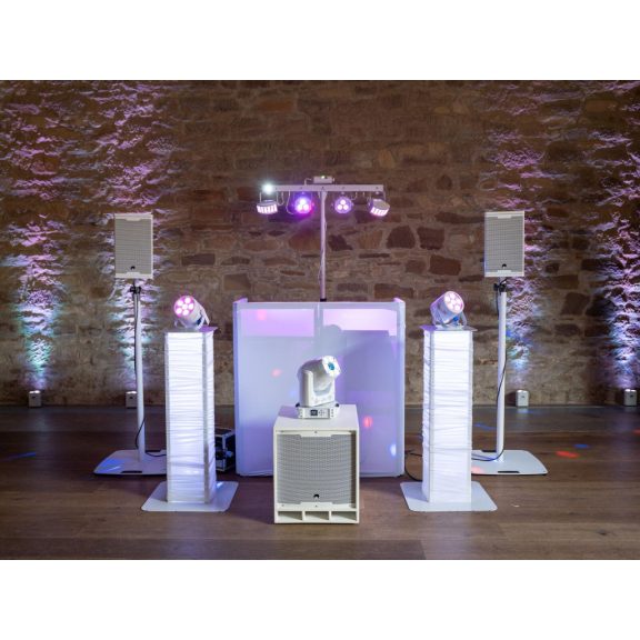 EUROLITE 2× Stage Stand Variable – Állítható rendezvény állvány szett fehér borítással és táskával