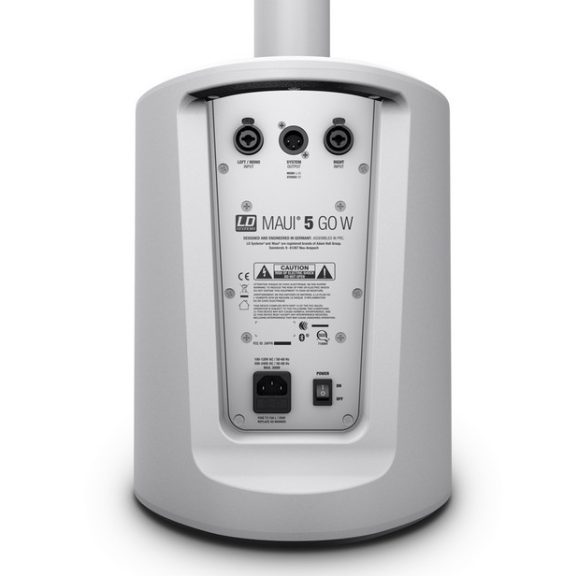 LD Systems MAUI 5 GO W kompakt akkumulátorról működő aktív PA torony rendszer, beépített keverő és Bluetooth, fehér